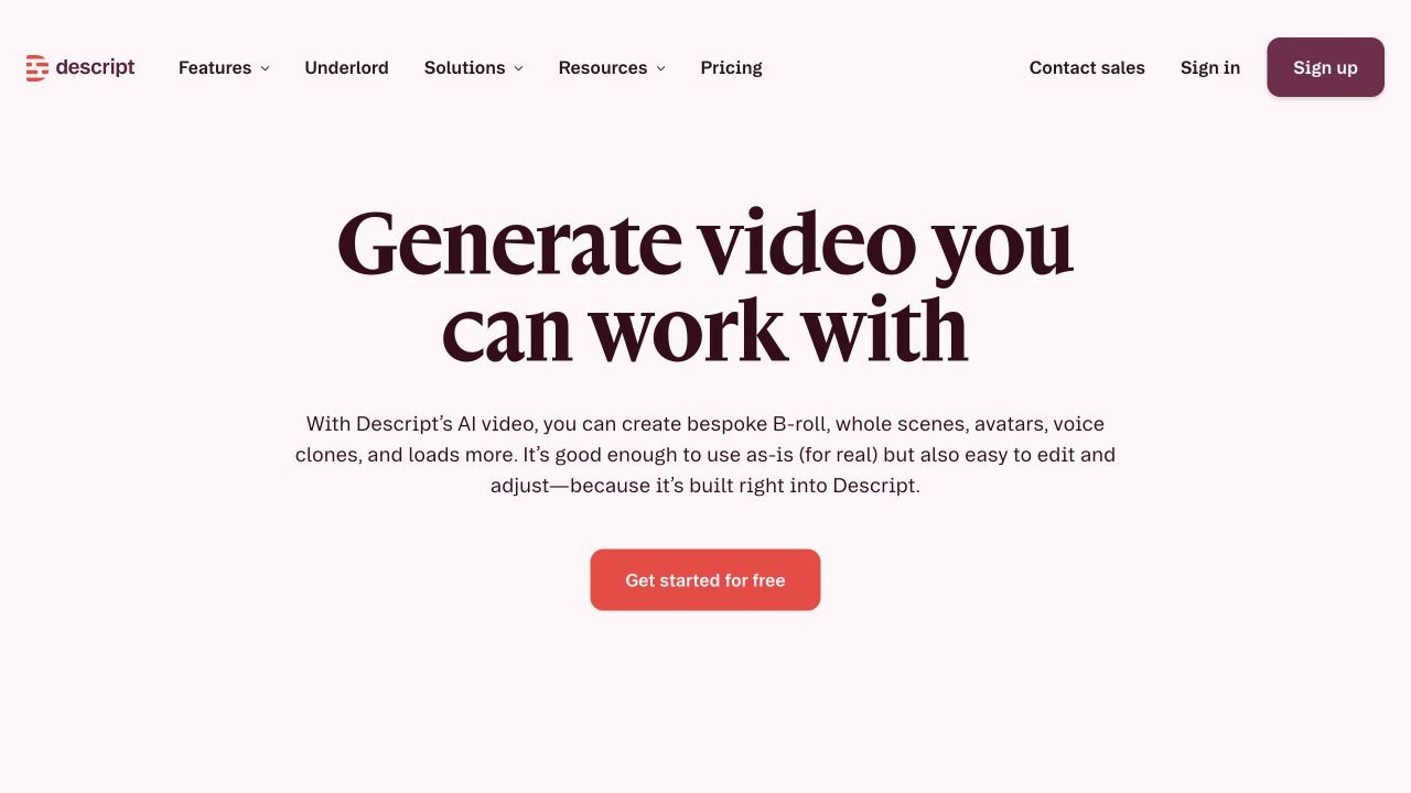 Descript AI Video website first screen screenshot