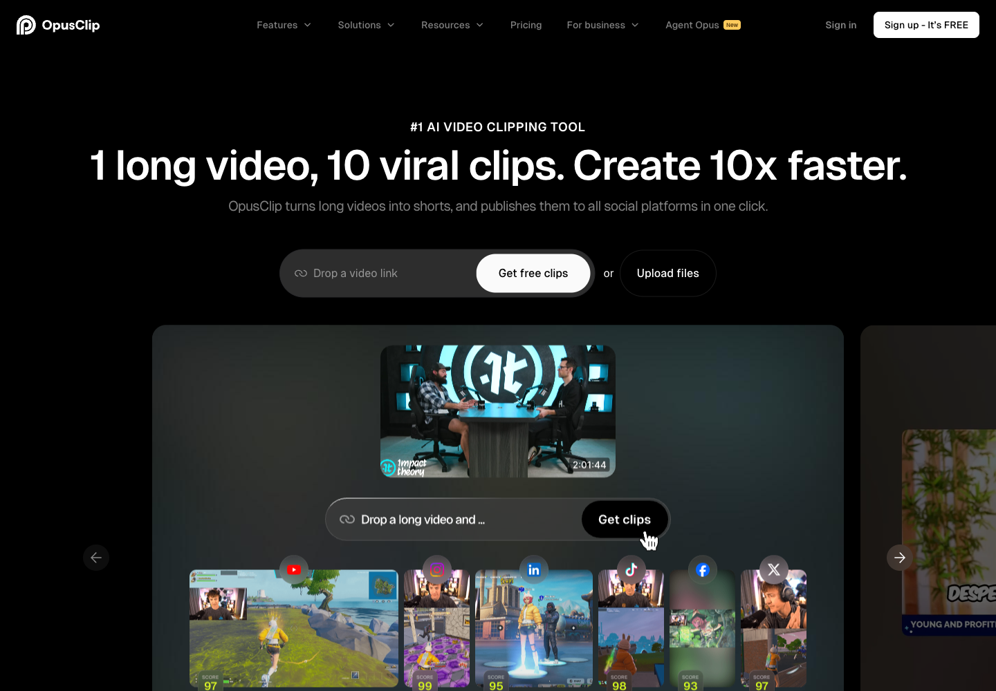Opus Clip website first screen screenshot
