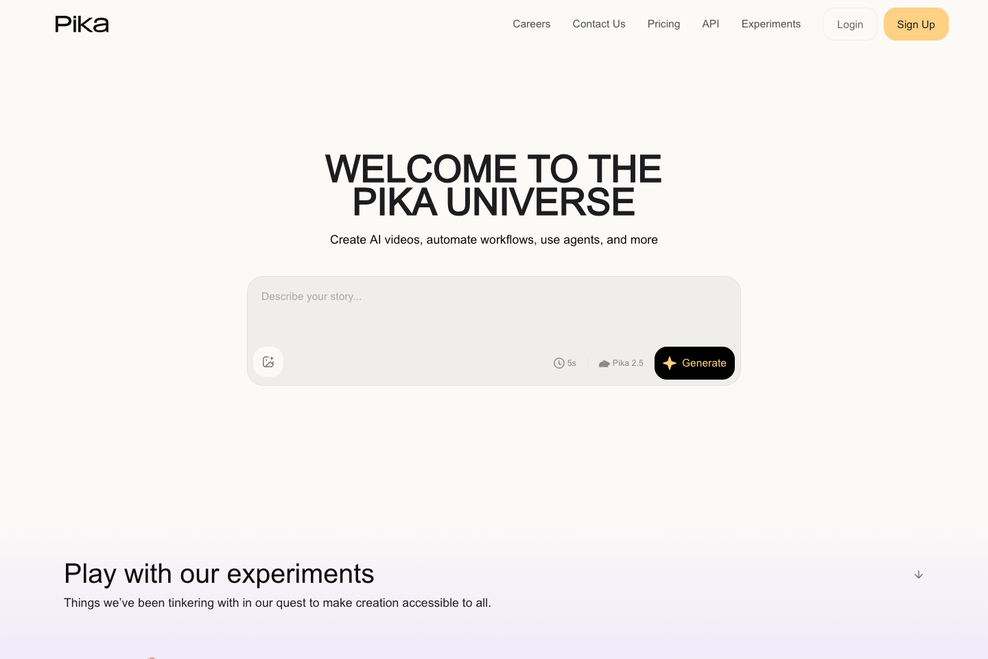Pika AI website first screen screenshot