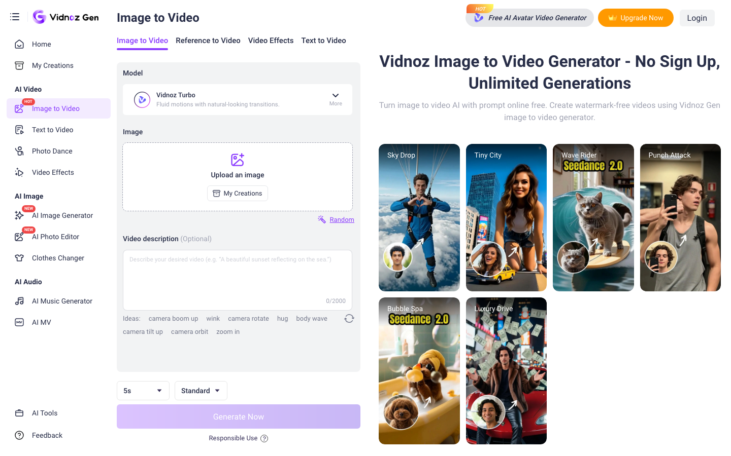 Vidnoz Image to Video website first screen screenshot